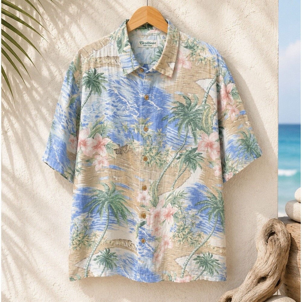Caribbean Men's XL Silk Rayon Short Sleeve Floral Hawaiian Beach Button-Up